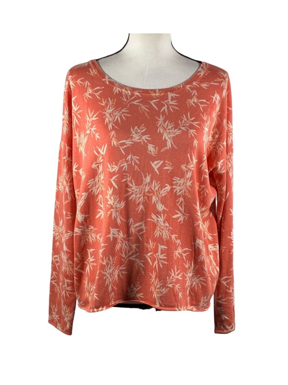 Garnet Hill Coral Bamboo Print Silk Cotton Long Sleeve Sweater S lightweight